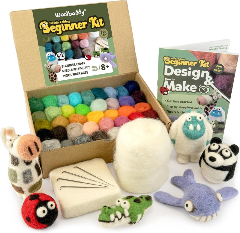 Woolbuddy Needle Felting Starter Kit –Make 6 Cute Characters(Yeti, Giraffe, Panda, Ladybug, Whale, Gator) – Complete Kit for Beginners & Adults with Wool Roving,Felting Needles,Pad & Instruction Guide - Image 1